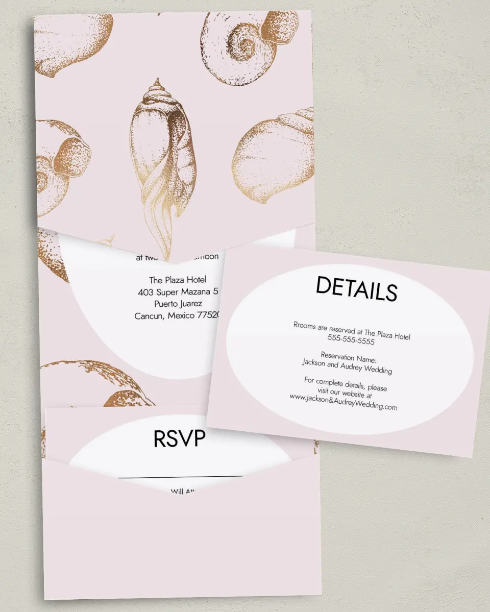 This is a 5¼" x 7¼" Folded Pocket Wedding Invitation called On the Reef printed in full color on Premium Smooth paper