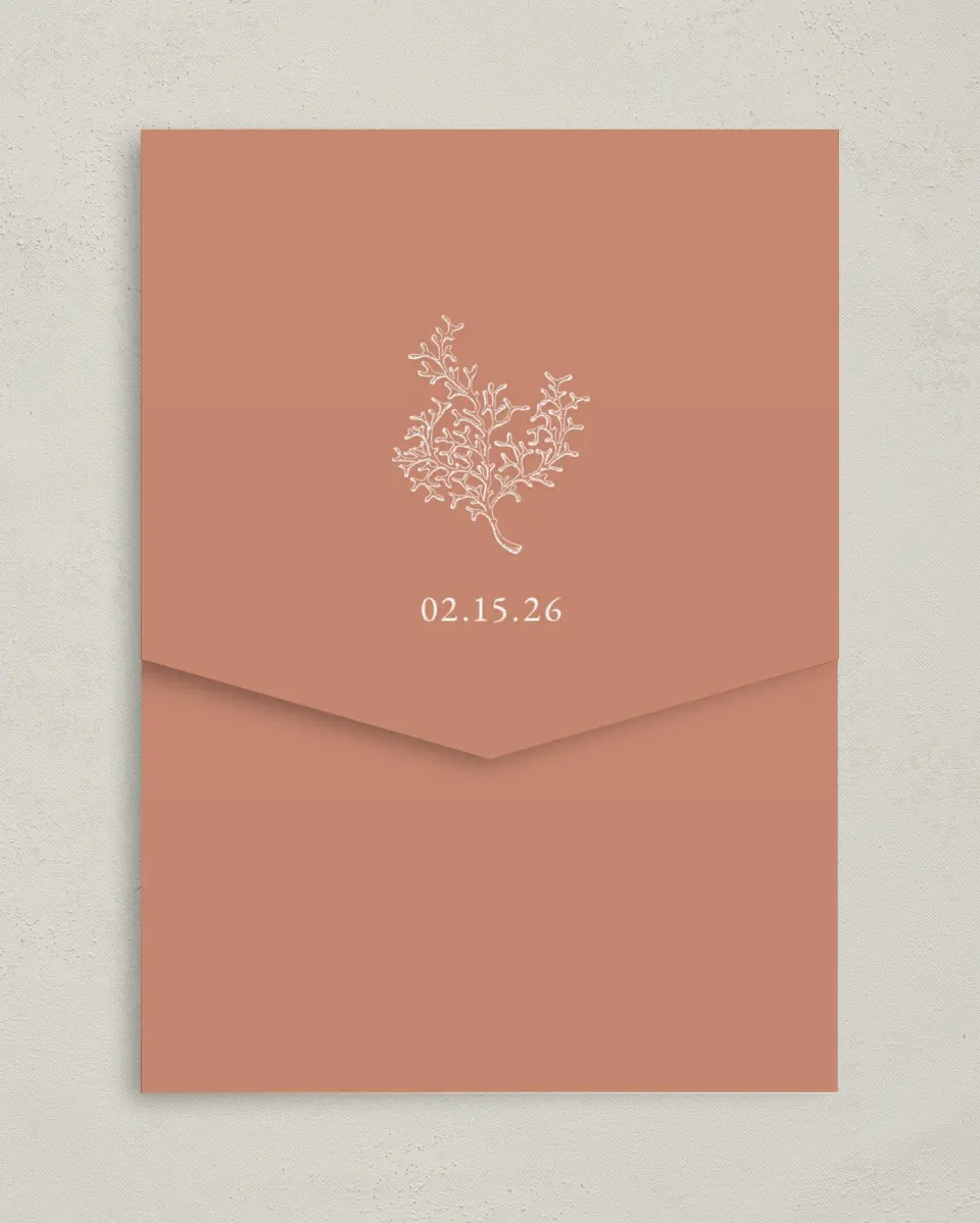 This is a 5¼" x 7¼" Folded Pocket Wedding Invitation called Tropical Heaven printed in full color on Premium Smooth paper