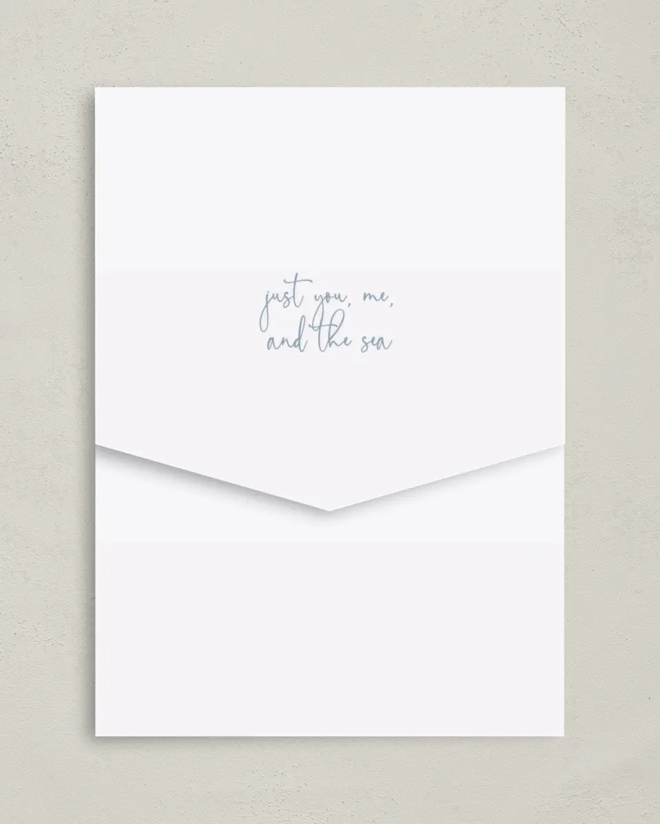 This is a 5¼" x 7¼" Folded Pocket Wedding Invitation called Enchanting Sea printed in full color on Premium Smooth paper