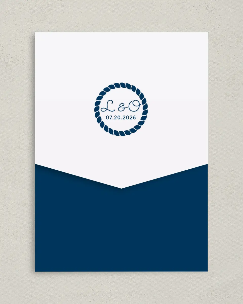 This is a 5¼" x 7¼" Folded Pocket Wedding Invitation called Nautical Stripes printed in full color on Premium Smooth paper