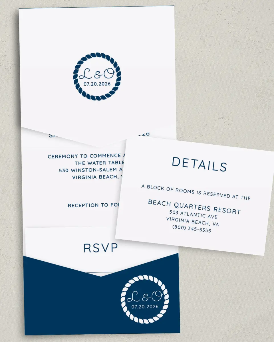 This is a 5¼" x 7¼" Folded Pocket Wedding Invitation called Nautical Stripes printed in full color on Premium Smooth paper