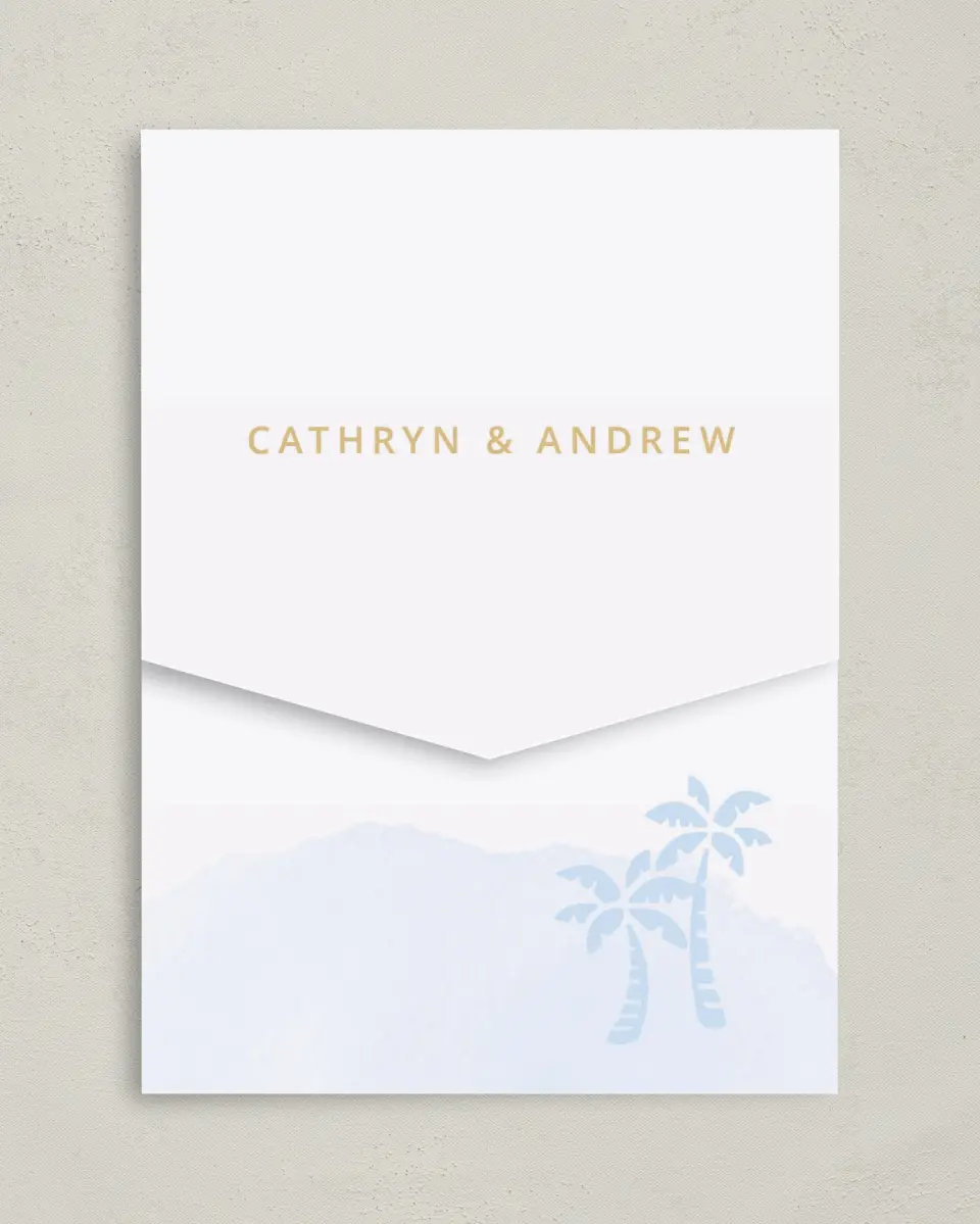 This is a 5¼" x 7¼" Folded Pocket Wedding Invitation called Stamped Palms printed in full color on Premium Smooth paper