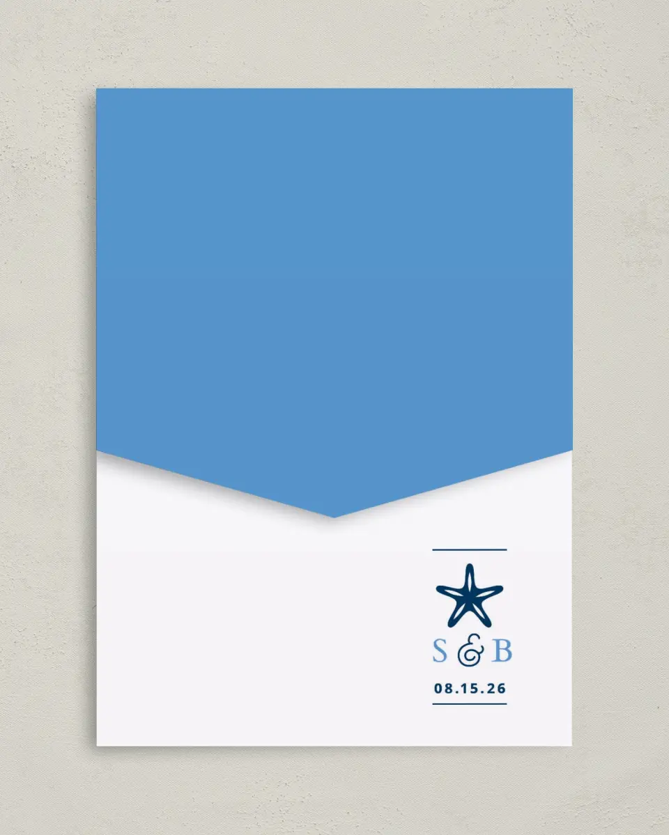 This is a 5¼" x 7¼" Folded Pocket Wedding Invitation called Beachcomber printed in full color on Premium Smooth paper
