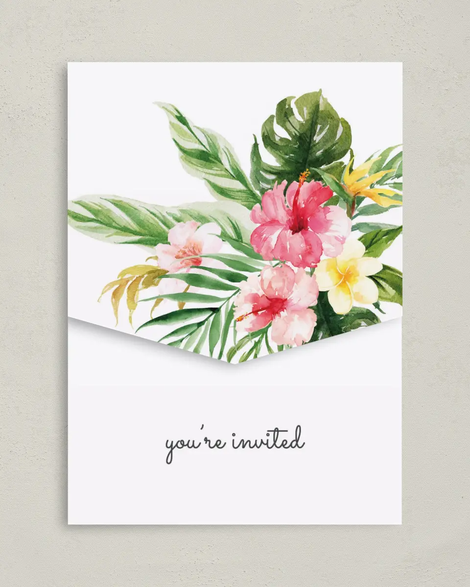 This is a 5¼" x 7¼" Folded Pocket Wedding Invitation called Paradise of Love printed in full color on Premium Smooth paper