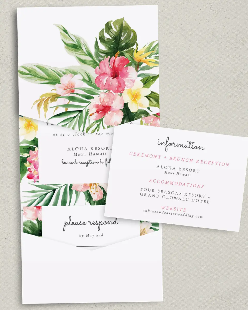 This is a 5¼" x 7¼" Folded Pocket Wedding Invitation called Paradise of Love printed in full color with Gold foil on Luxe Satin (coated) paper