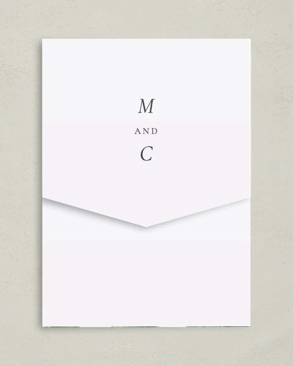 This is a 5¼" x 7¼" Folded Pocket Wedding Invitation called Beach Palms printed in full color with Gold foil on Luxe Satin (coated) paper