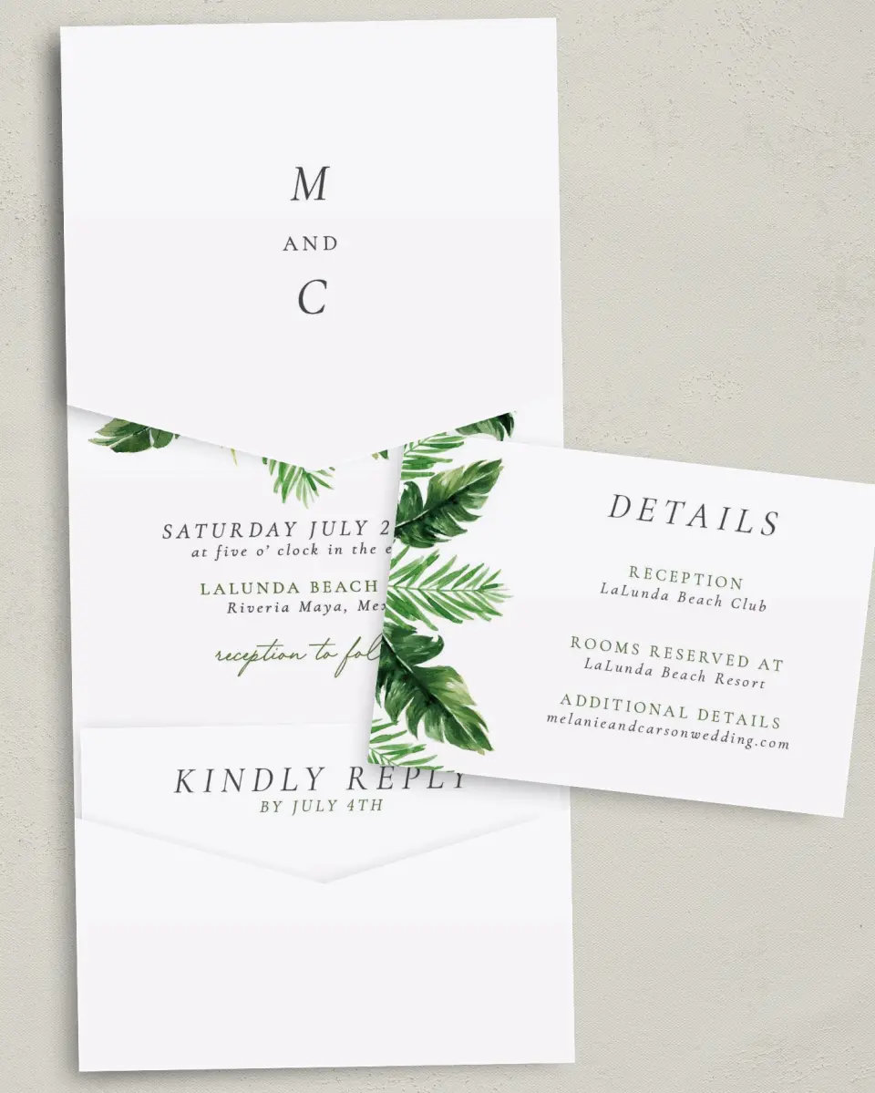 This is a 5¼" x 7¼" Folded Pocket Wedding Invitation called Beach Palms printed in full color with Gold foil on Luxe Satin (coated) paper