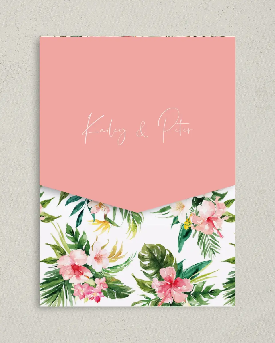 This is a 5¼" x 7¼" Folded Pocket Wedding Invitation called Perfect Paradise printed in full color on Premium Smooth paper