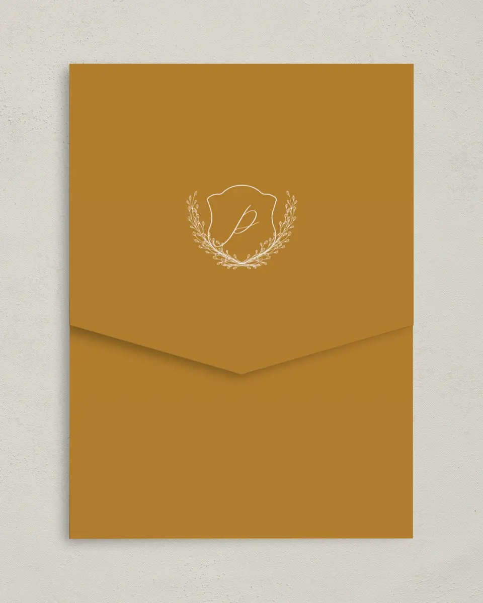 This is a 5¼" x 7¼" Folded Pocket Wedding Invitation called Beloved Crest printed in full color on Premium Smooth paper