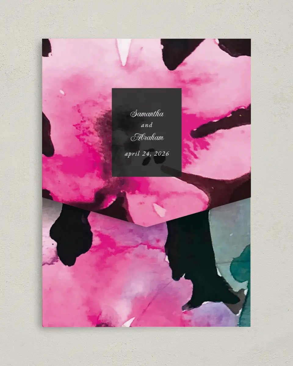 This is a 5¼" x 7¼" Folded Pocket Wedding Invitation called Dark Blooms printed in full color on Premium Smooth paper