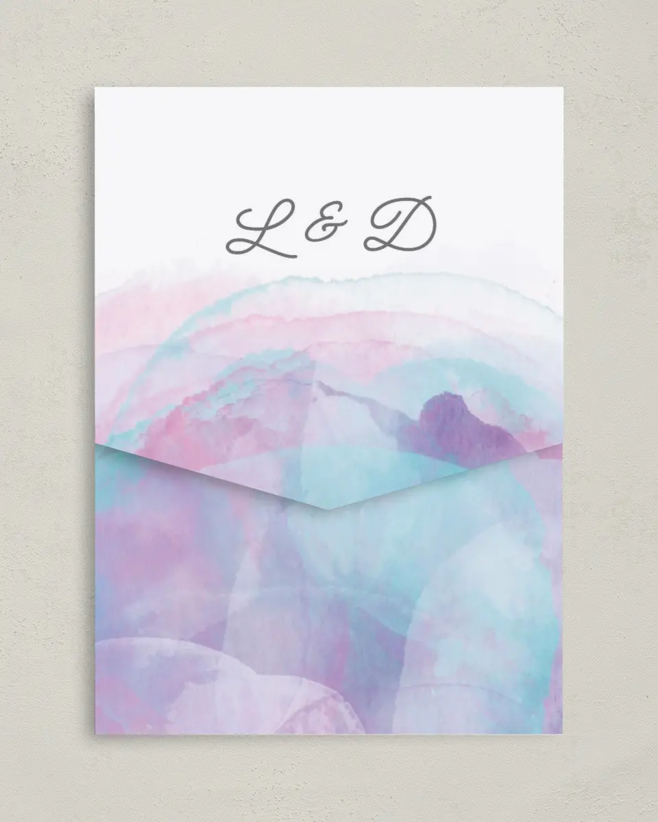 This is a 5¼" x 7¼" Folded Pocket Wedding Invitation called Joyful Enchantment printed in full color on Premium Smooth paper