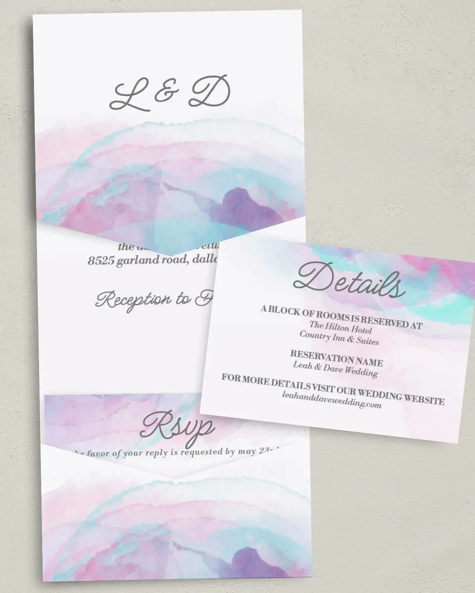 This is a 5¼" x 7¼" Folded Pocket Wedding Invitation called Joyful Enchantment printed in full color with Gold foil on Luxe Satin (coated) paper