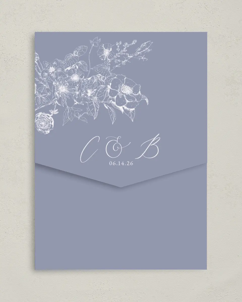 This is a 5¼" x 7¼" Folded Pocket Wedding Invitation called Gentle Bouquet printed in full color on Premium Smooth paper