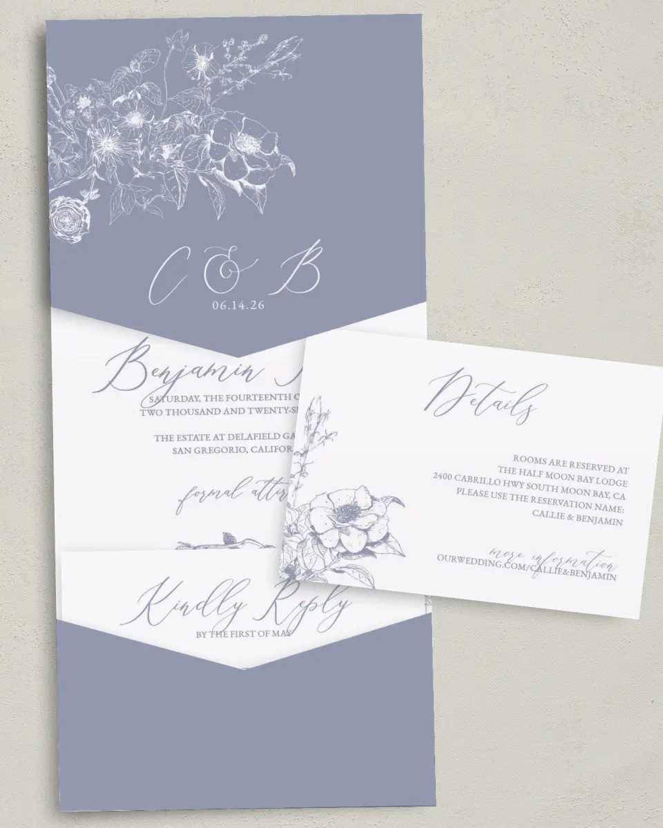 This is a 5¼" x 7¼" Folded Pocket Wedding Invitation called Gentle Bouquet printed in full color with Gold foil on Luxe Satin (coated) paper