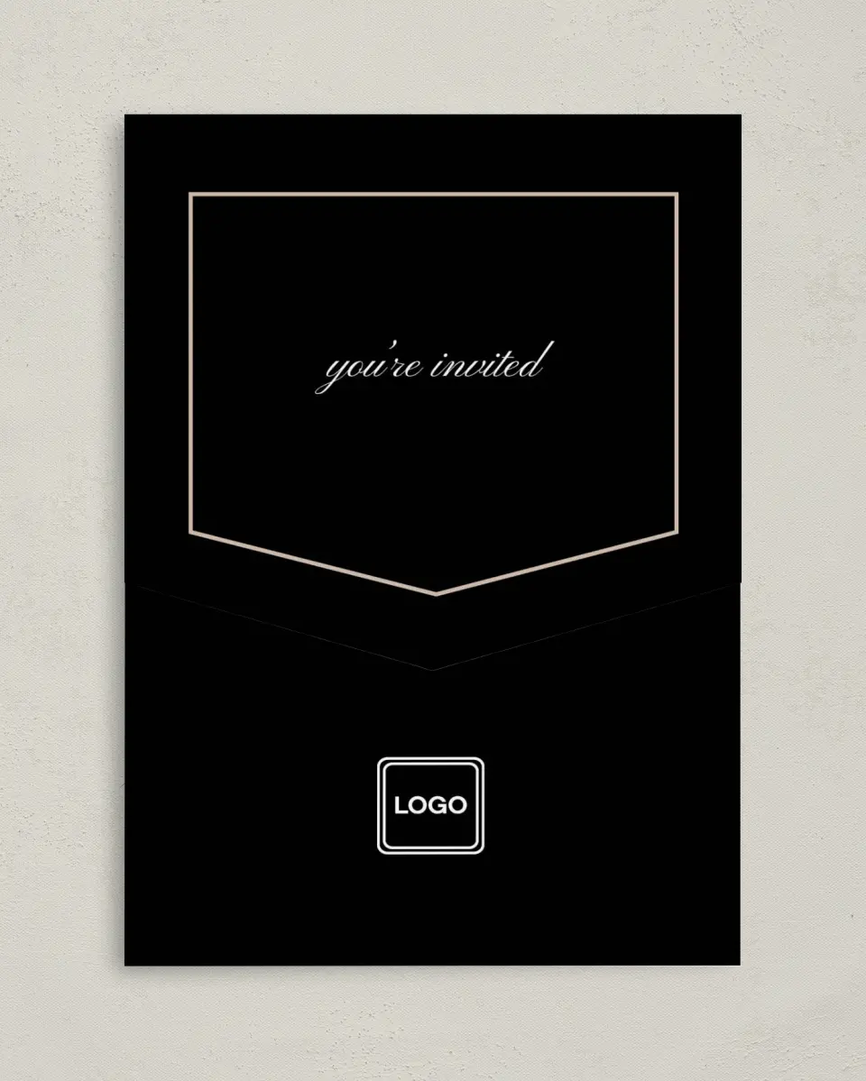 This is a 5¼" x 7¼" Folded Pocket Gala Invitation called Scripted Holiday Event printed in full color on Premium Smooth paper