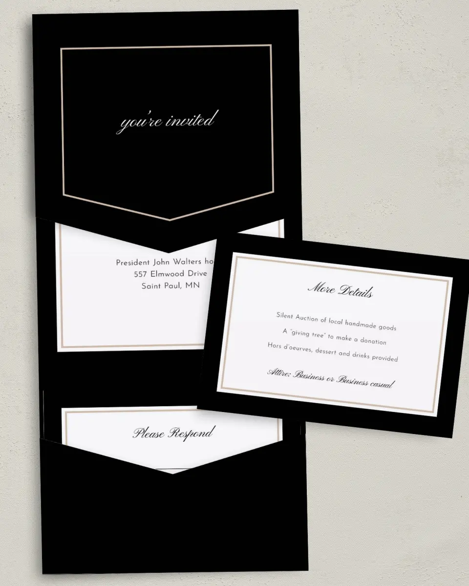 This is a 5¼" x 7¼" Folded Pocket Gala Invitation called Scripted Holiday Event printed in full color with Silver foil on Luxe Satin (coated) paper