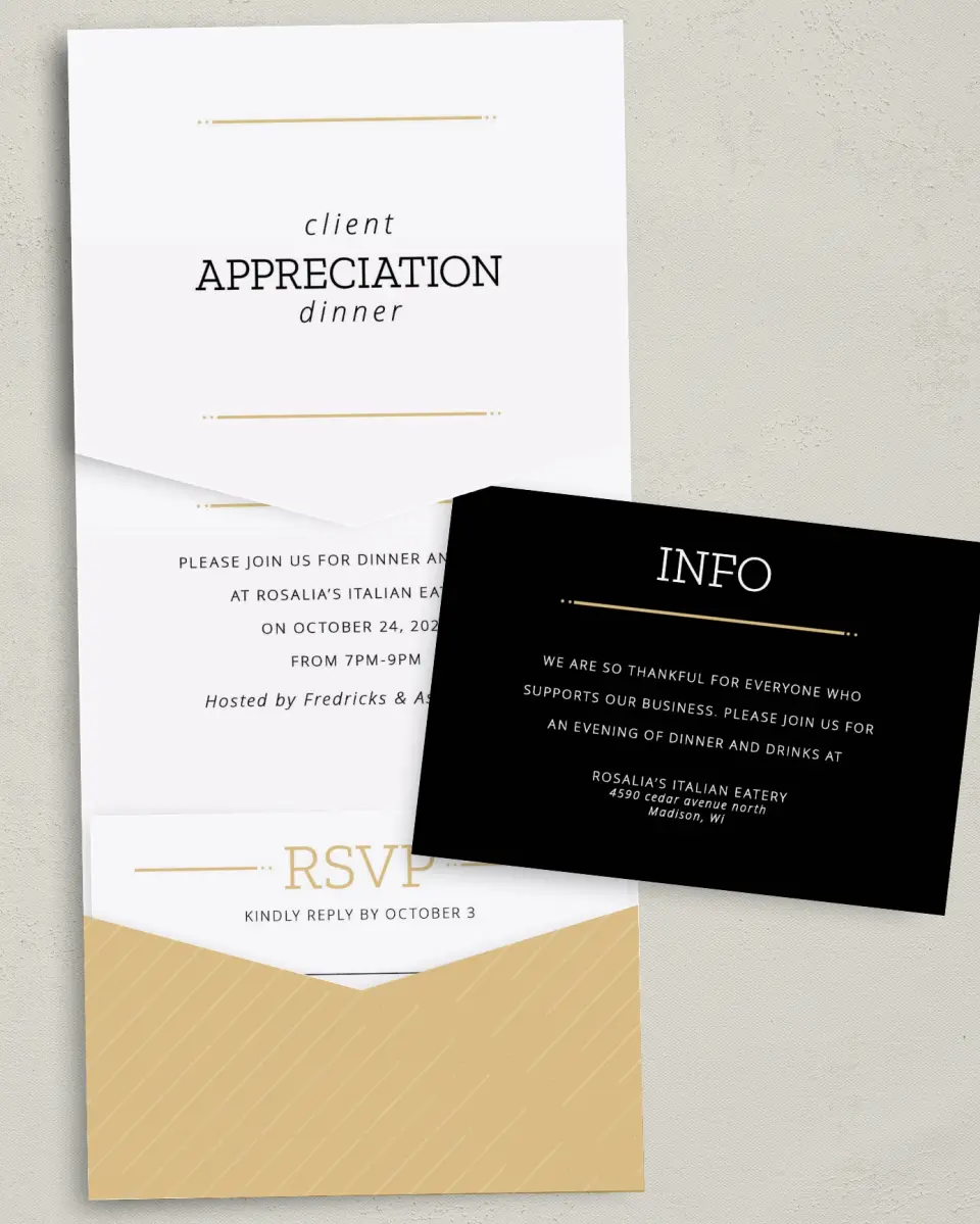 This is a 5¼" x 7¼" Folded Pocket Gala Invitation called Much Appreciated printed in full color with Silver foil on Luxe Satin (coated) paper