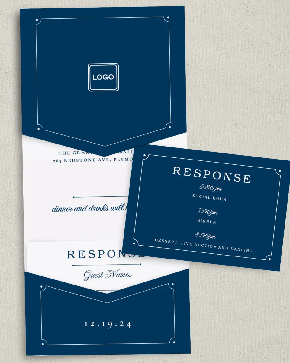This is a 5¼" x 7¼" Folded Pocket Gala Invitation called Grand Gala printed in full color with Silver foil on Luxe Satin (coated) paper