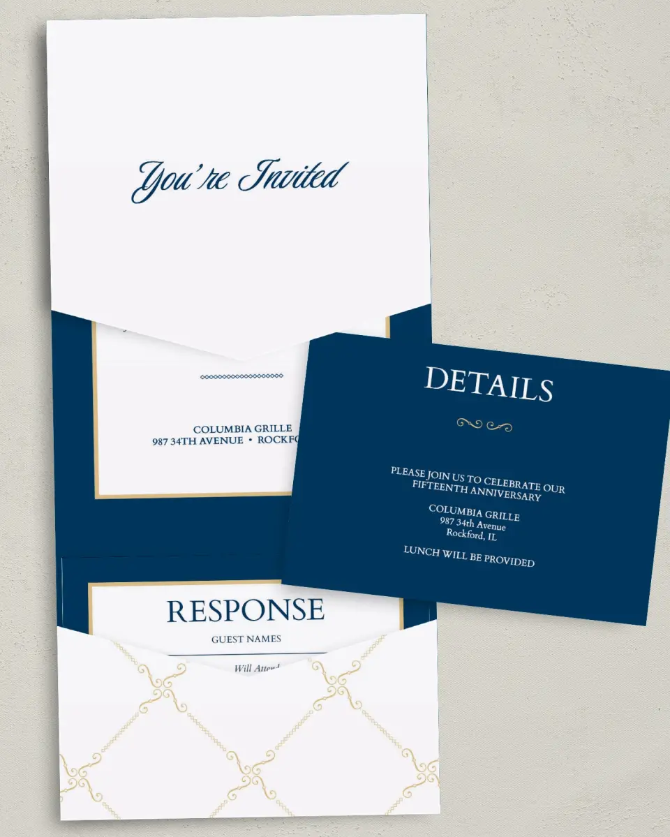 This is a 5¼" x 7¼" Folded Pocket Gala Invitation called Corporate Milestone printed in full color with Silver foil on Luxe Satin (coated) paper