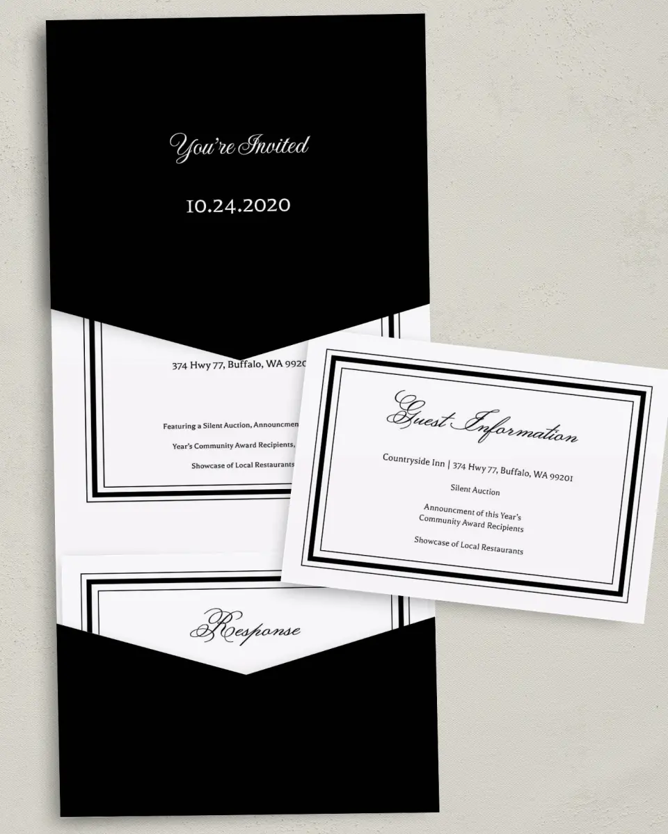 This is a 5¼" x 7¼" Folded Pocket Gala Invitation called Formally Framed printed in full color with Silver foil on Luxe Satin (coated) paper