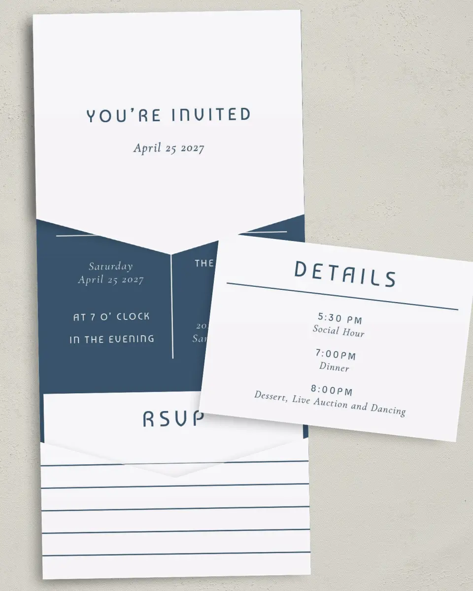 This is a 5¼" x 7¼" Folded Pocket Gala Invitation called Gracious Gala printed in full color with Silver foil on Luxe Satin (coated) paper