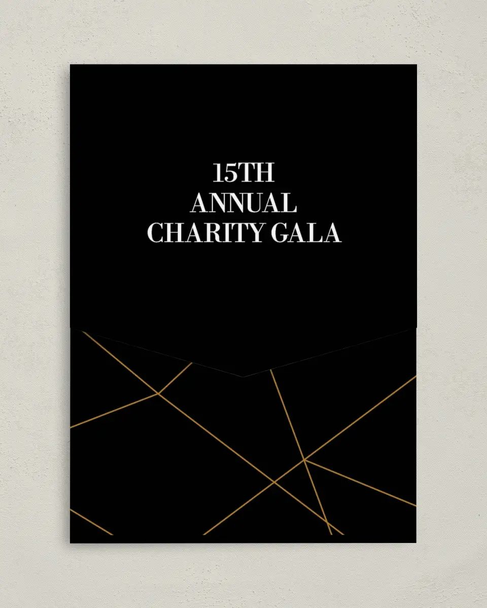 This is a 5¼" x 7¼" Folded Pocket Gala Invitation called Black Tie Affair printed in full color on Premium Smooth paper