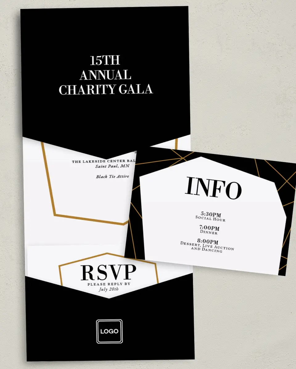 This is a 5¼" x 7¼" Folded Pocket Gala Invitation called Black Tie Affair printed in full color with Silver foil on Luxe Satin (coated) paper