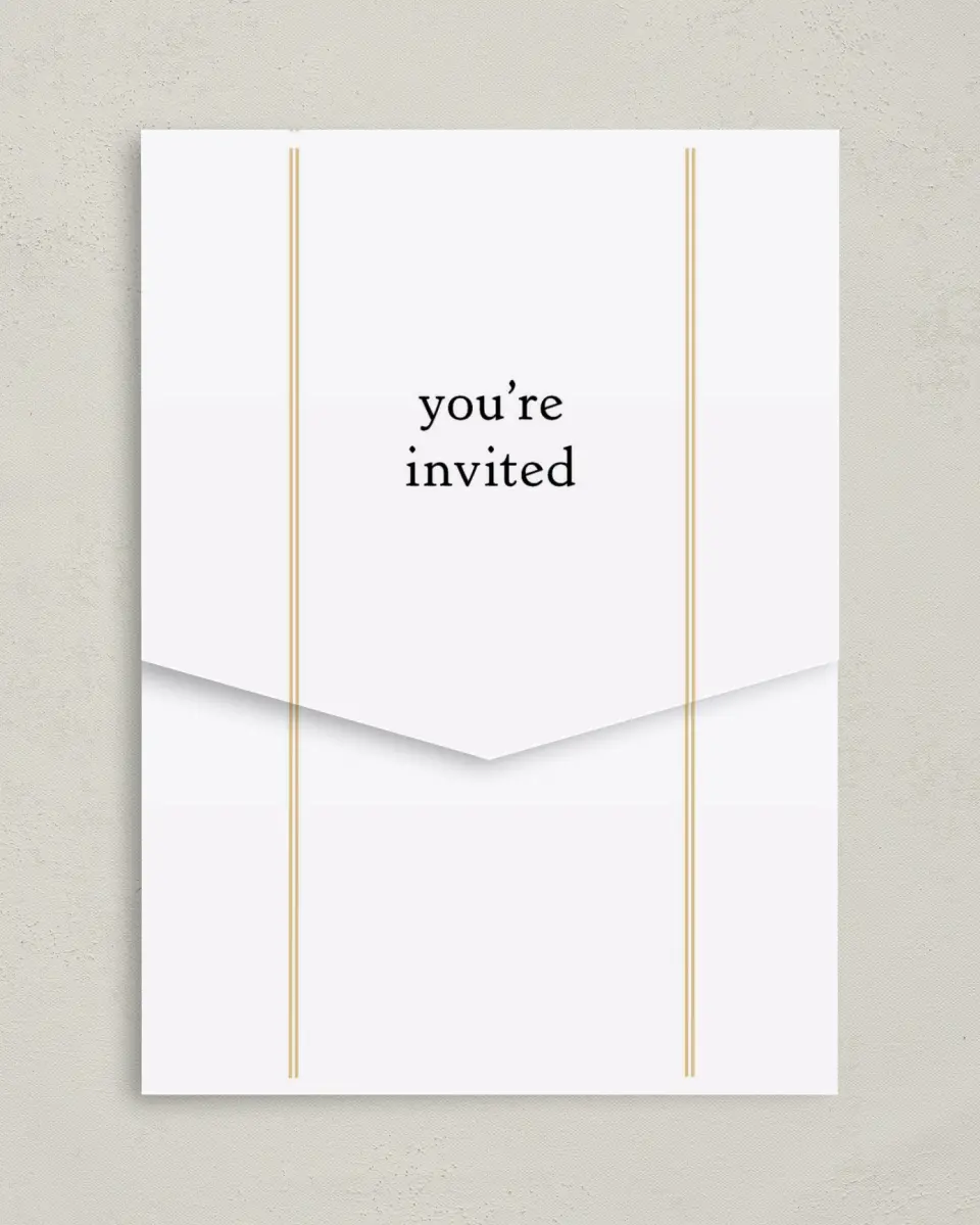 This is a 5¼" x 7¼" Folded Pocket Gala Invitation called Evening Celebration printed in full color on Premium Smooth paper