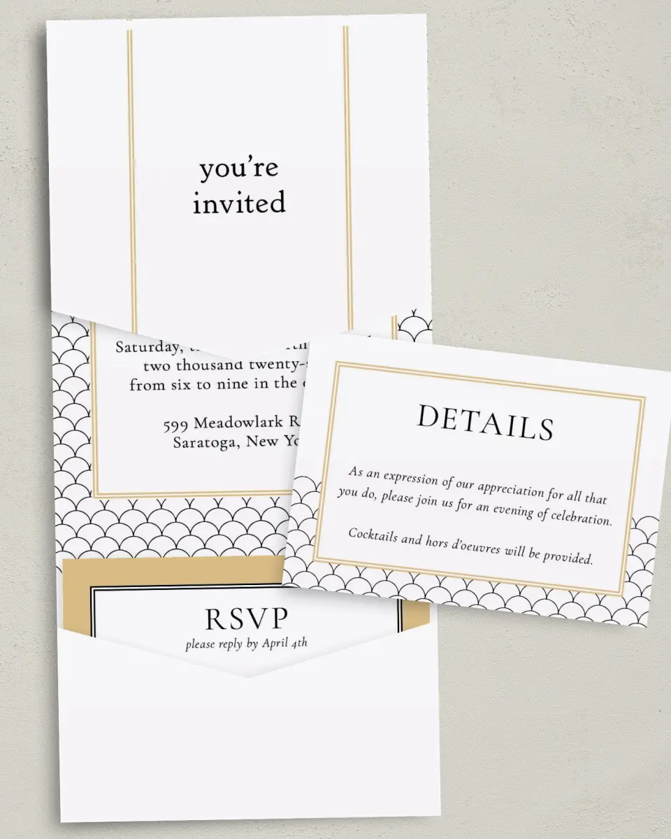 This is a 5¼" x 7¼" Folded Pocket Gala Invitation called Evening Celebration printed in full color with Gold foil on Luxe Satin (coated) paper