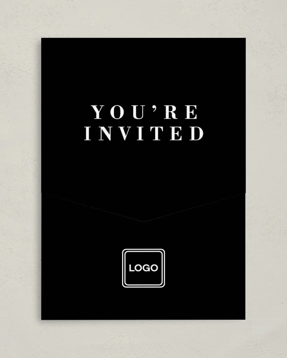 This is a 5¼" x 7¼" Folded Pocket Gala Invitation called Be Square printed in full color on Premium Smooth paper