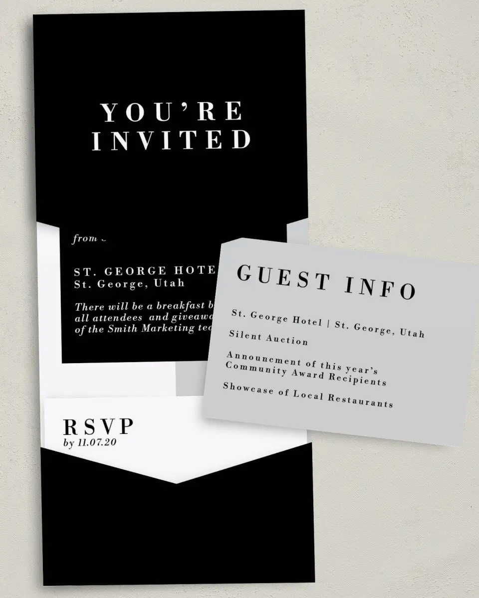 This is a 5¼" x 7¼" Folded Pocket Gala Invitation called Be Square printed in full color with Silver foil on Luxe Satin (coated) paper