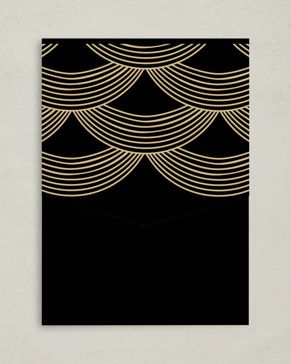 This is a 5¼" x 7¼" Folded Pocket Gala Invitation called Golden Gala printed in full color on Premium Smooth paper