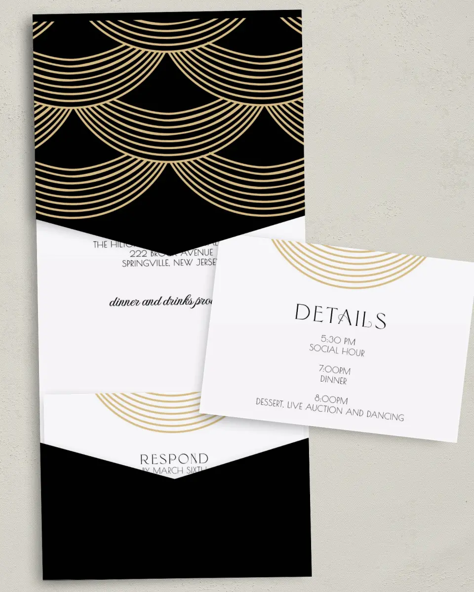 This is a 5¼" x 7¼" Folded Pocket Gala Invitation called Golden Gala printed in full color with Silver foil on Luxe Satin (coated) paper