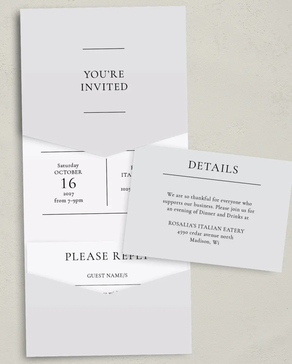 This is a 5¼" x 7¼" Folded Pocket Gala Invitation called Simply Appreciated printed in full color with Silver foil on Luxe Satin (coated) paper