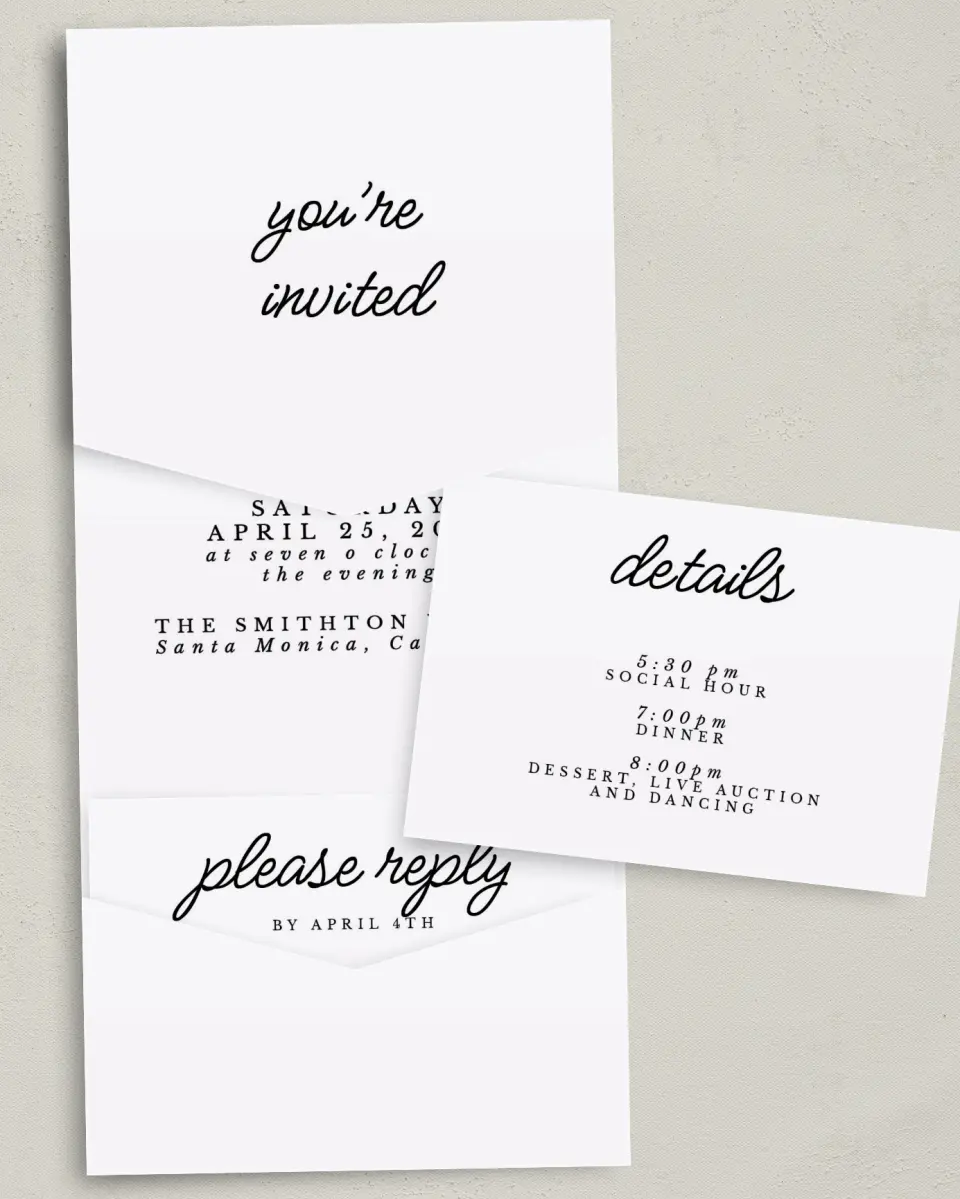 This is a 5¼" x 7¼" Folded Pocket Gala Invitation called Classic Charity Gala printed in full color with Silver foil on Luxe Satin (coated) paper