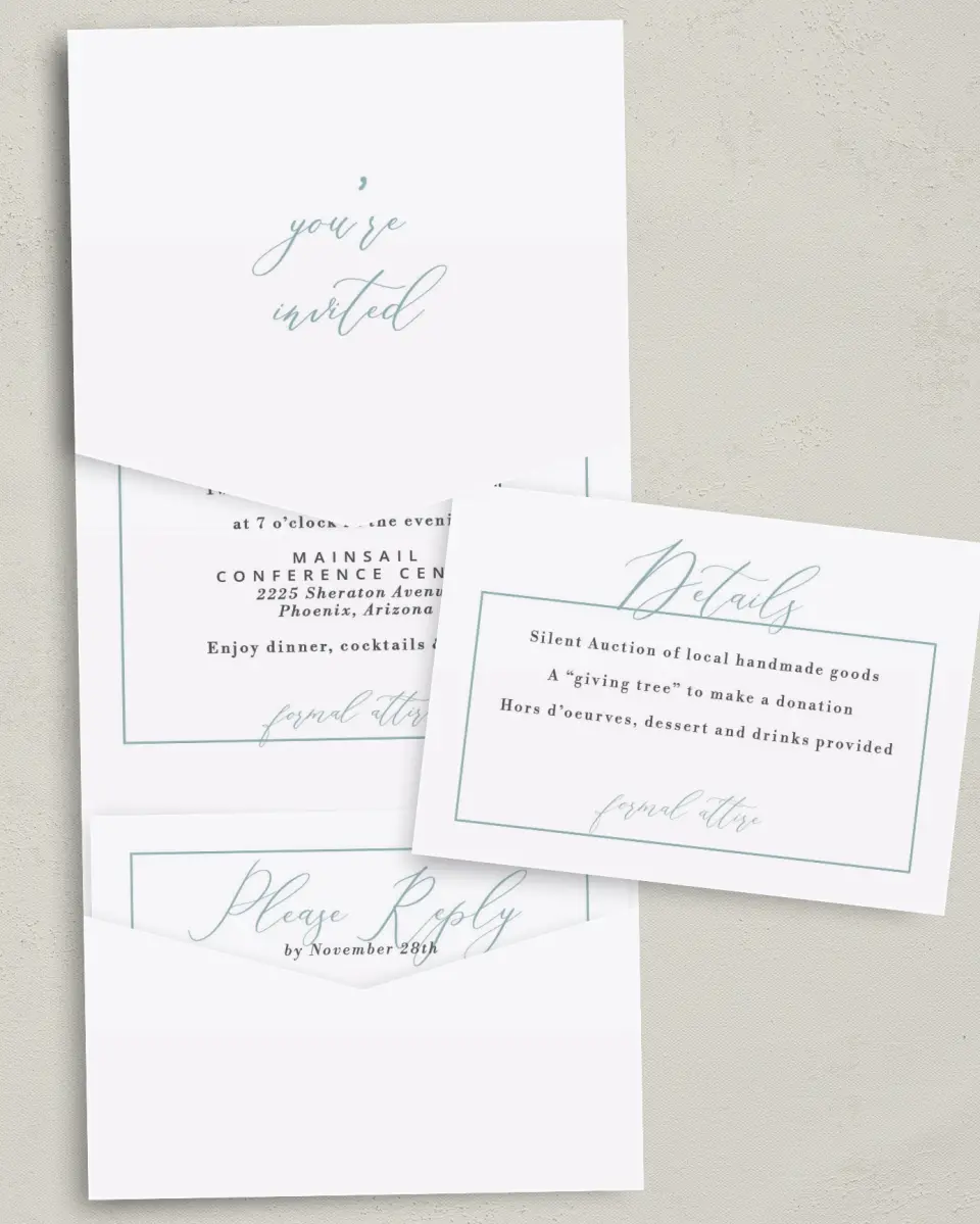 This is a 5¼" x 7¼" Folded Pocket Gala Invitation called Formal Holiday Party printed in full color with Silver foil on Luxe Satin (coated) paper