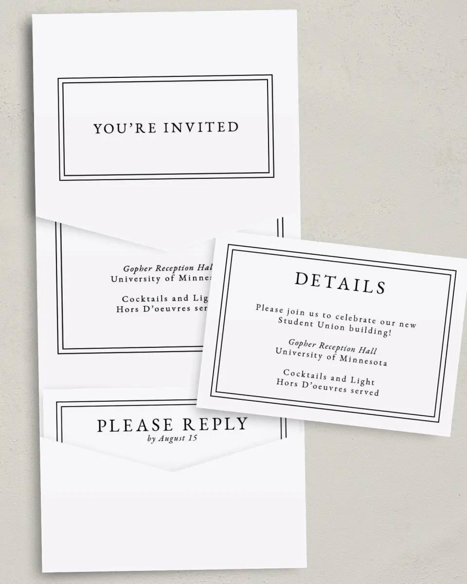 This is a 5¼" x 7¼" Folded Pocket Gala Invitation called The Great Debut printed in full color with Gold foil on Luxe Satin (coated) paper