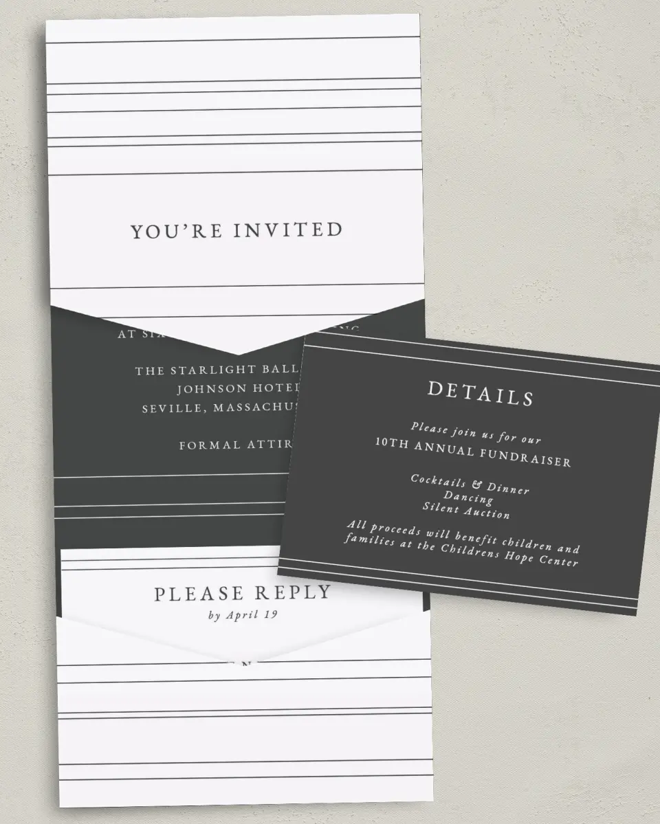 This is a 5¼" x 7¼" Folded Pocket Gala Invitation called Night to Remember printed in full color with Silver foil on Luxe Satin (coated) paper