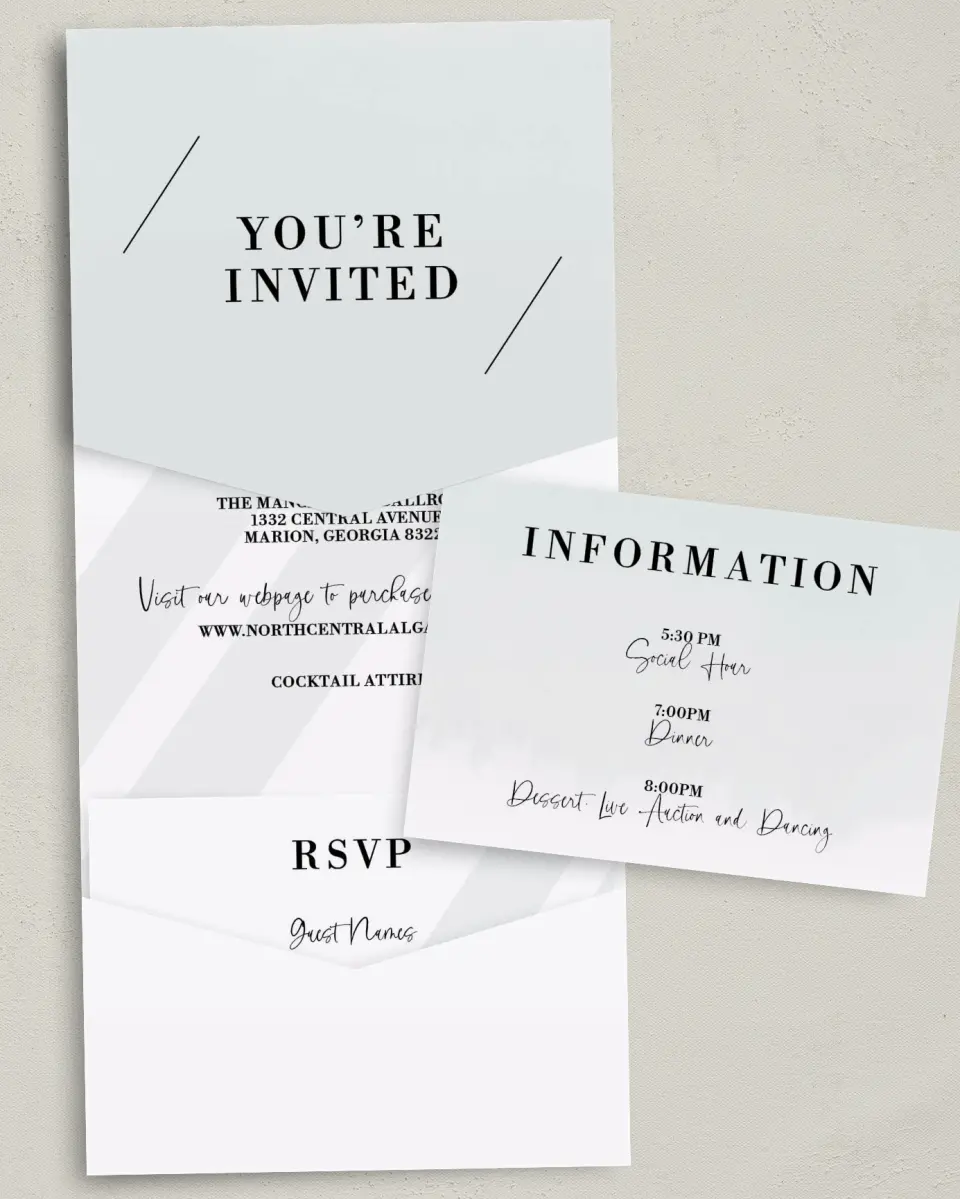 This is a 5¼" x 7¼" Folded Pocket Gala Invitation called Glamorous Gala printed in full color with Silver foil on Luxe Satin (coated) paper