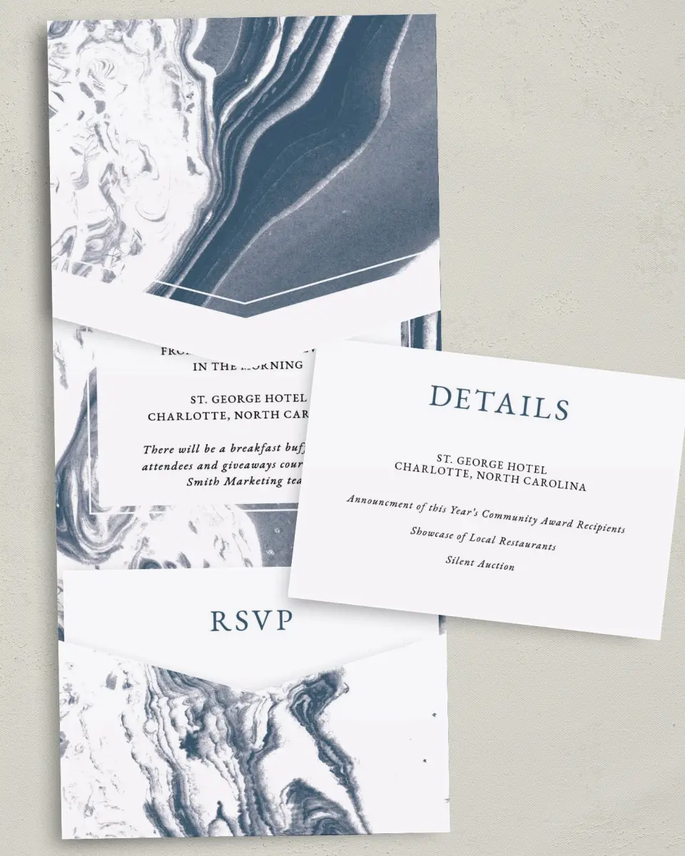 This is a 5¼" x 7¼" Folded Pocket Gala Invitation called Annual Celebration printed in full color with Silver foil on Luxe Satin (coated) paper