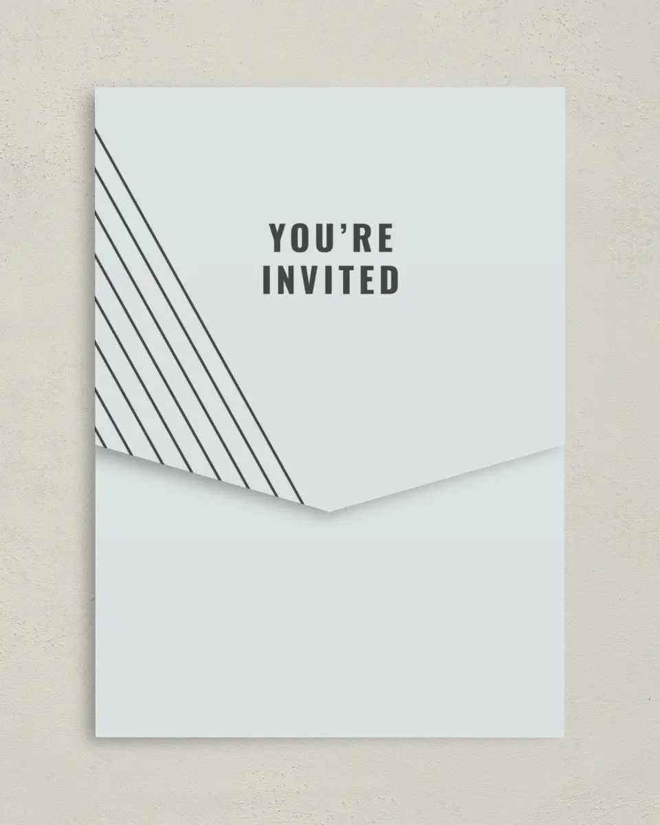 This is a 5¼" x 7¼" Folded Pocket Gala Invitation called Grand Opening printed in full color on Premium Smooth paper