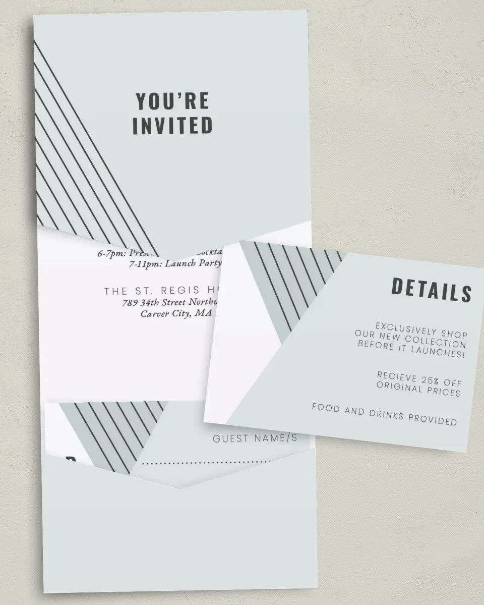 This is a 5¼" x 7¼" Folded Pocket Gala Invitation called Grand Opening printed in full color with Silver foil on Luxe Satin (coated) paper