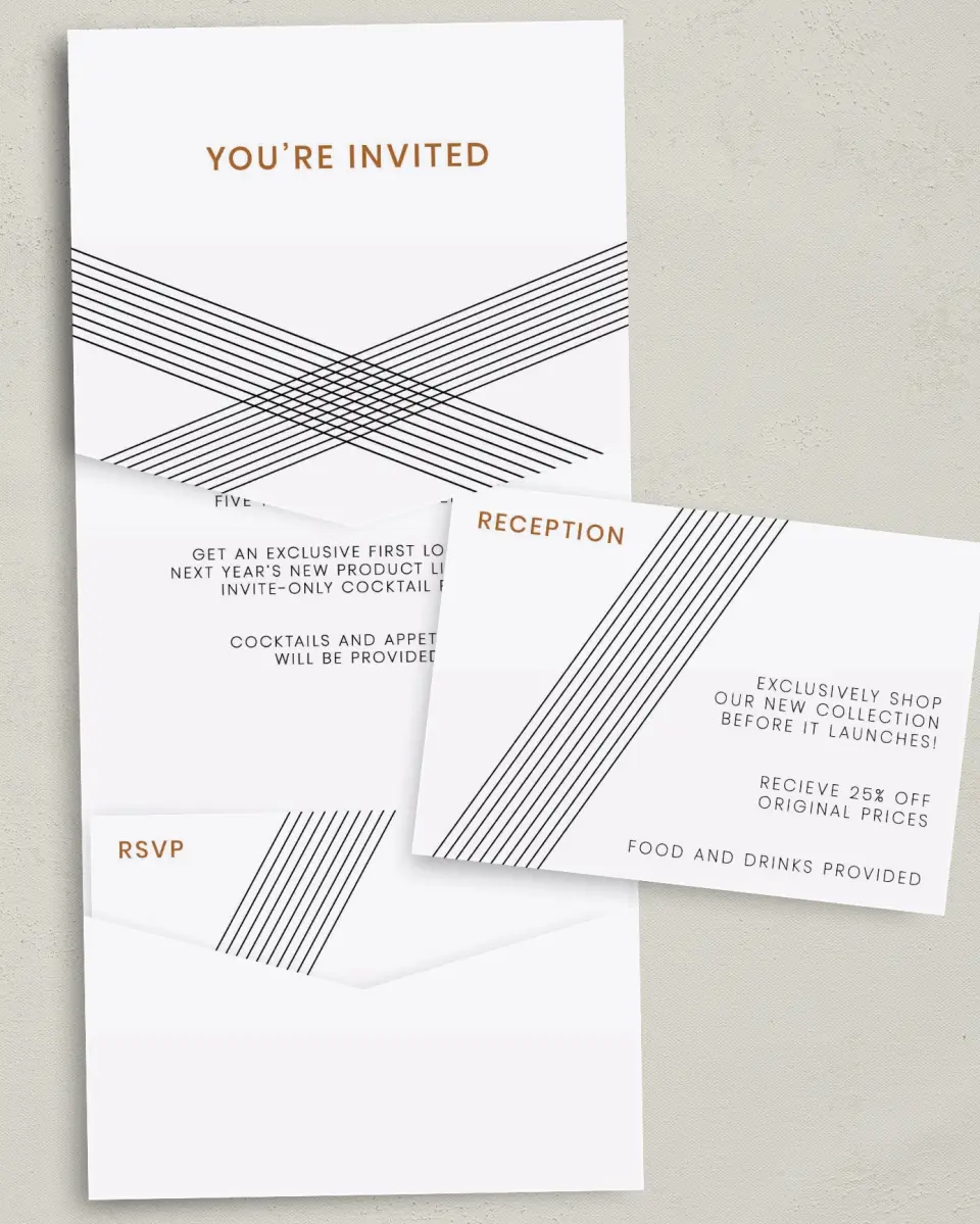 This is a 5¼" x 7¼" Folded Pocket Gala Invitation called Debut Celebration printed in full color with Silver foil on Luxe Satin (coated) paper