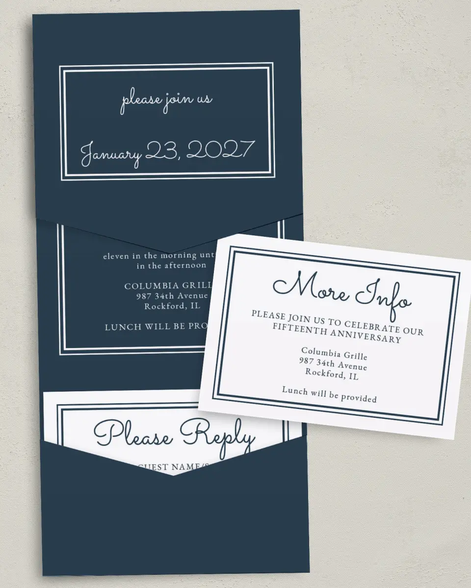 This is a 5¼" x 7¼" Folded Pocket Gala Invitation called Anniversary Luncheon printed in full color with Silver foil on Luxe Satin (coated) paper