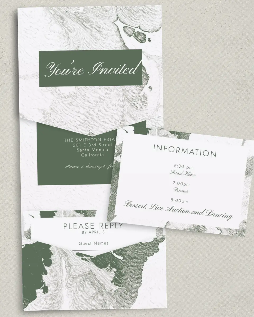 This is a 5¼" x 7¼" Folded Pocket Gala Invitation called Grand Occasion printed in full color with Silver foil on Luxe Satin (coated) paper