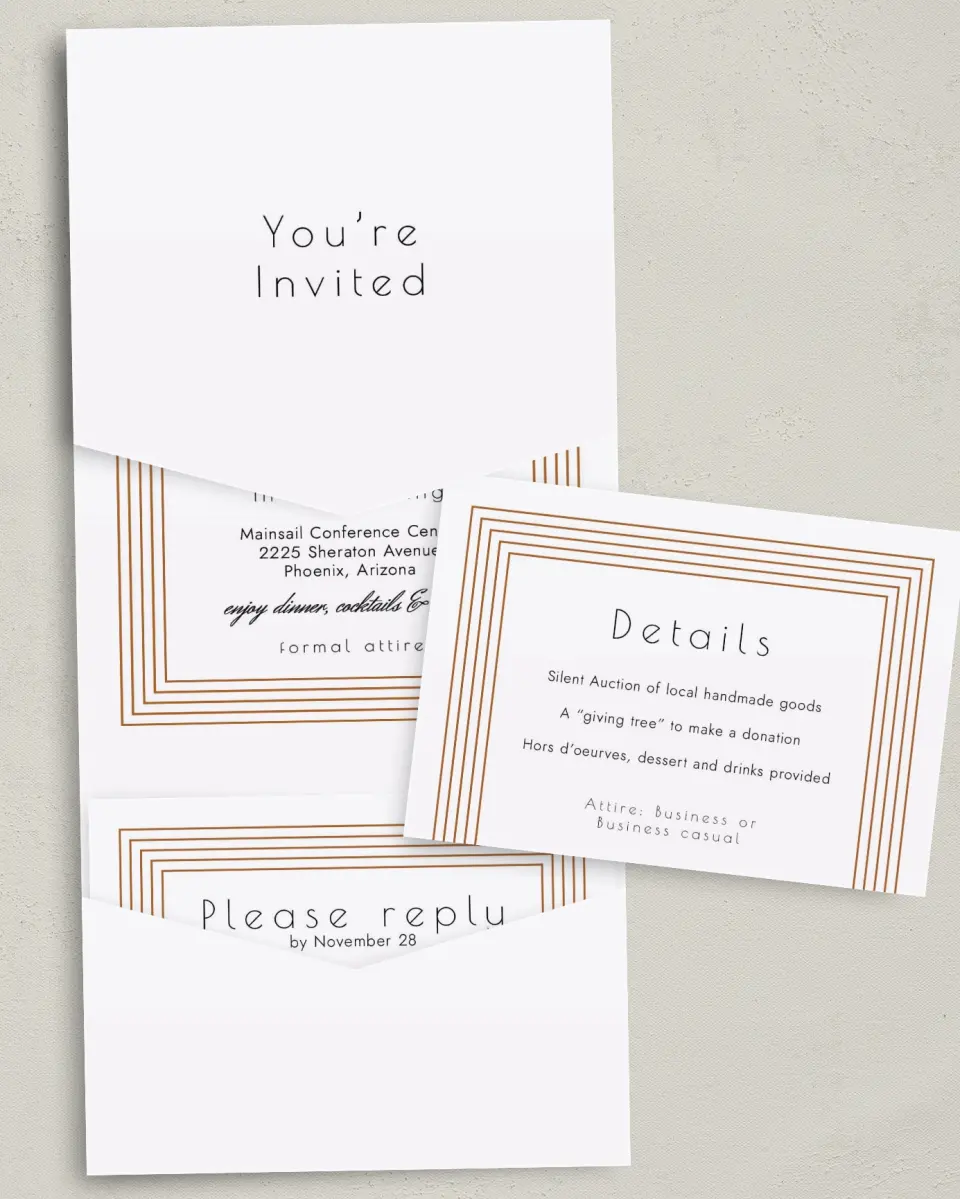 This is a 5¼" x 7¼" Folded Pocket Gala Invitation called Elegant Banquet printed in full color with Gold foil on Luxe Satin (coated) paper