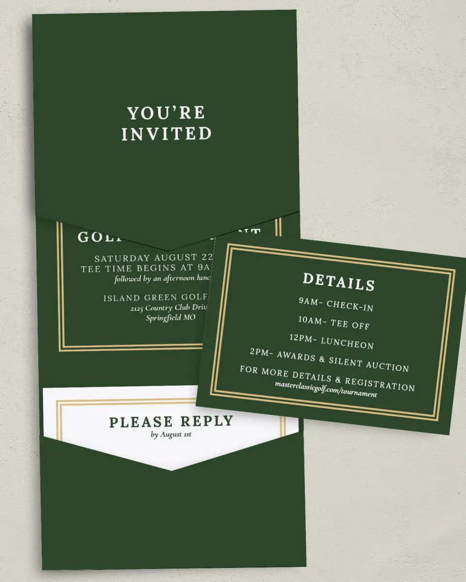 This is a 5¼" x 7¼" Folded Pocket Gala Invitation called Classic Tournament printed in full color with Silver foil on Luxe Satin (coated) paper