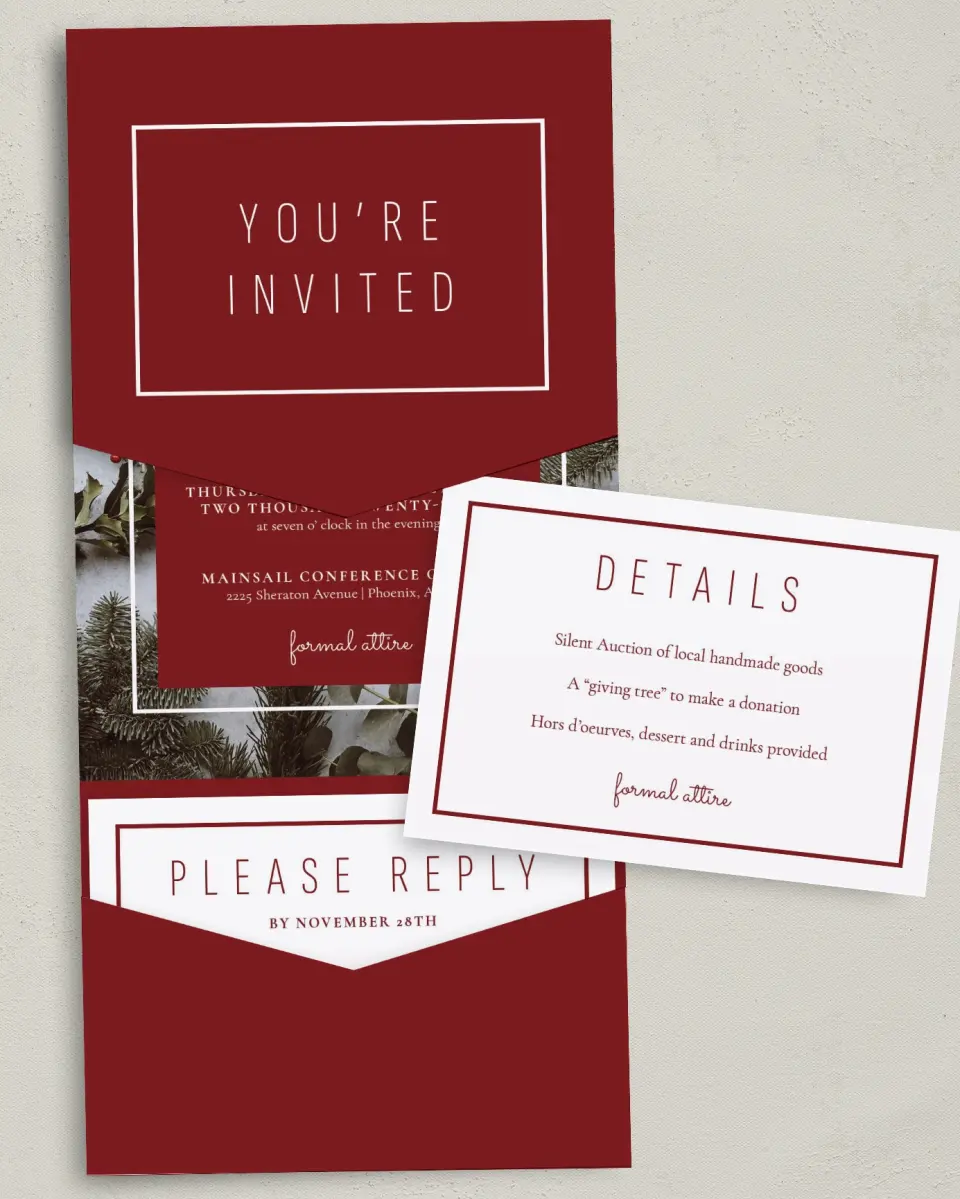 This is a 5¼" x 7¼" Folded Pocket Gala Invitation called Holiday Party printed in full color with Silver foil on Luxe Satin (coated) paper