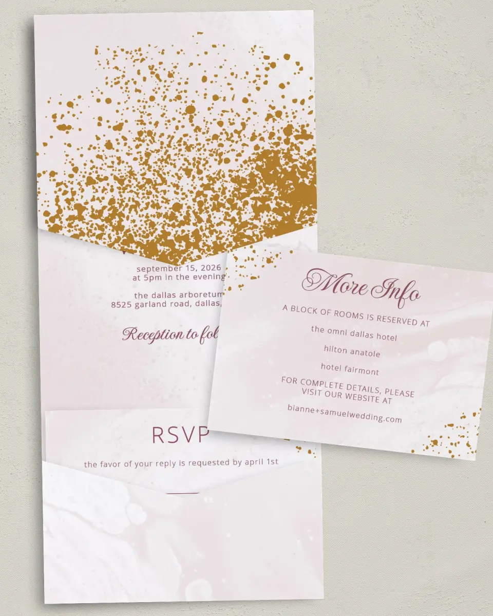 This is a 5¼" x 7¼" Folded Pocket Wedding Invitation called Tender Mist printed in full color on Premium Smooth paper