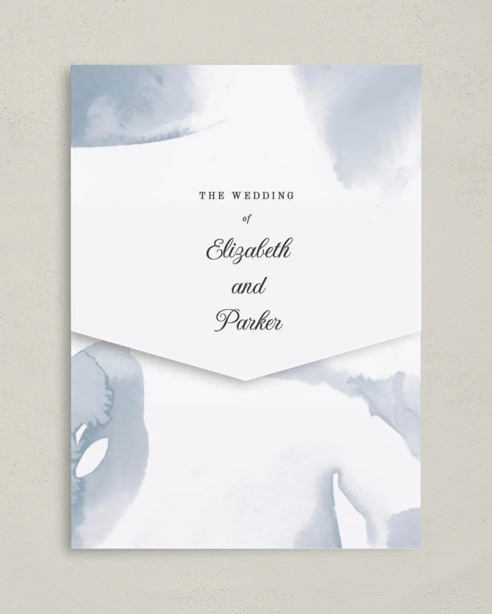 This is a 5¼" x 7¼" Folded Pocket Wedding Invitation called Painted Majesty printed in full color on Premium Smooth paper